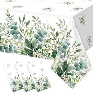 Sage Green Baby Shower Tablecloth 3 Pack Eucalyptus Leaf Disposable Party Decor